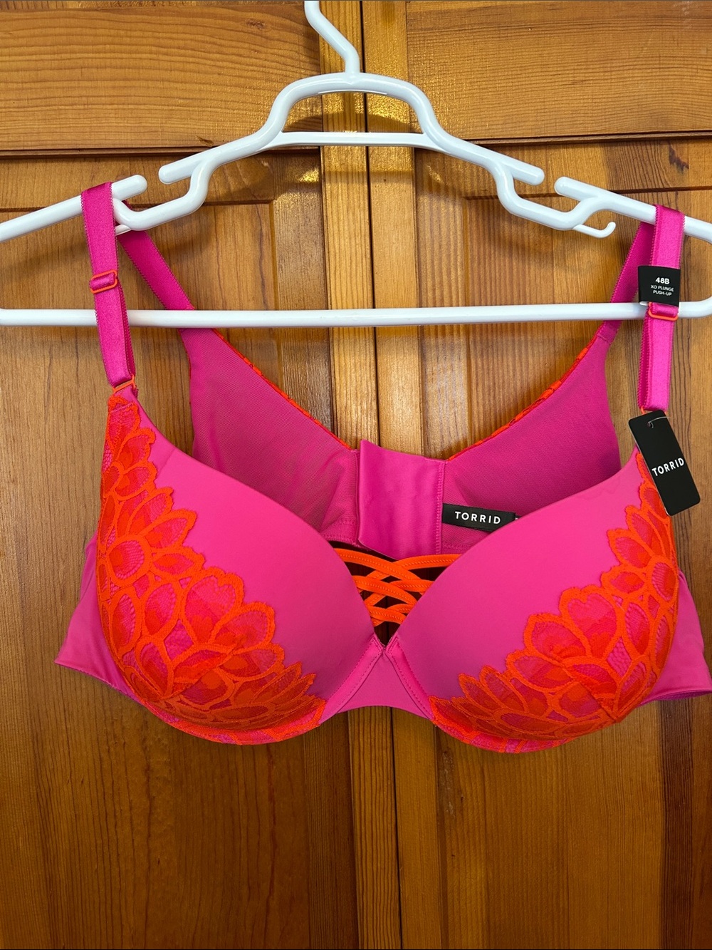 torrid Hot Pink & Orange Lace XO Plunge Push-Up Bra 48B NWT